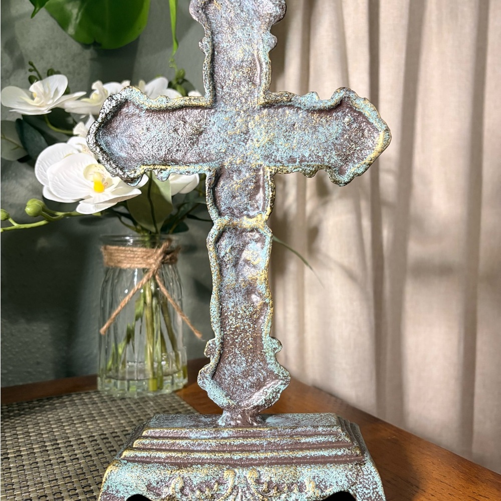 12” Cast Iron Tabletop Cross Distressed Blue Stand Decor - Picture 2 of 2